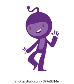 Vector cartoon image of funny little purple creature. Funny little creature with a small antenna on his head. Creature with two arms and legs. Funny creature standing and smiling. Made in flat style.