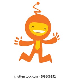 Vector cartoon image of funny little orange creature. Funny little creature with a long antenna on his head. Creature with two arms and legs. Funny creature jumping and smiling. Made in flat style.