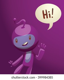 Vector cartoon image of funny little purple creature. Funny little creature with a small antenna on his head. Creature with two arms and legs. Funny creature standing and smiling on purple background.