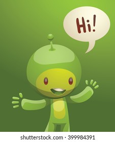 Vector cartoon image of funny little green creature. Funny little creature with a small antenna on his head. Creature with two arms and legs. Funny creature standing and smiling on a green background.