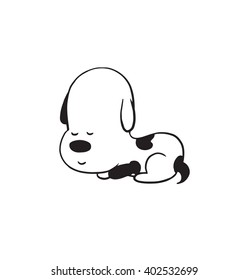 Vector cartoon image of a funny little dog black-white colors lying and sleeping on a white background. Made in monochrome style. Positive character. Vector illustration.