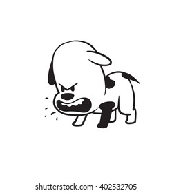 Vector cartoon image of a funny little angry dog black-white colors barking on a white background. Made in monochrome style. Positive character. Vector illustration.