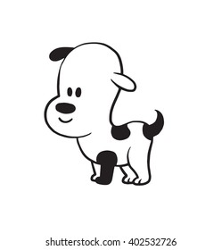 Vector cartoon image of a funny little dog black-white colors standing on a white background. Made in monochrome style. Positive character. Vector illustration.