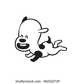 Vector cartoon image of a funny little dog black-white colors running happily on a white background. Made in monochrome style. Positive character. Vector illustration.