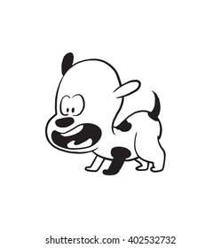 Vector cartoon image of a funny little dog black-white colors rejoicing something on a white background. Made in monochrome style. Positive character. Vector illustration.