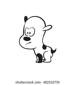 Vector cartoon image of a funny little dog black-white colors standing tensely on a white background. Made in monochrome style. Positive character. Vector illustration.