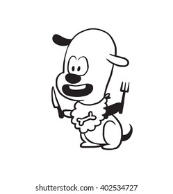 Vector cartoon image of a funny little dog black-white colors with knife and fork in his paws on a white background. Made in monochrome style. Positive character. Vector illustration.