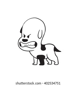 Vector cartoon image of a funny little angry dog black-white colors baring his fangs on a white background. Made in monochrome style. Positive character. Vector illustration.