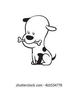 Vector cartoon image of a funny little dog black-white colors with a bone in his mouth on a white background. Made in monochrome style. Positive character. Vector illustration.