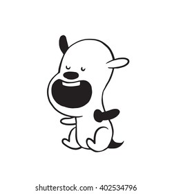 Vector cartoon image of a funny little dog black-white colors sitting with his mouth open on a white background. Made in monochrome style. Positive character. Vector illustration.