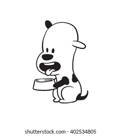 Vector cartoon image of a funny little dog black-white colors begging food with a bowl in his paws on a white background. Made in monochrome style. Positive character. Vector illustration.