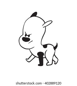 Vector cartoon image of a funny little angry dog black-white colors walking somewhere on a white background. Made in monochrome style. Positive character. Vector illustration.