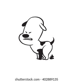Vector cartoon image of a funny little dog black-white colors pooping on a white background. Made in monochrome style. Positive character. Vector illustration.