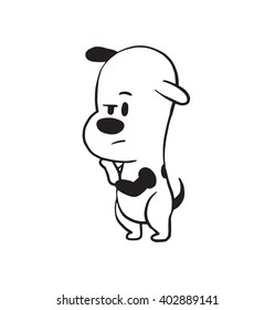 Vector cartoon image of a funny little pensive dog black-white colors standing on his hind legs on a white background. Made in monochrome style. Positive character. Vector illustration.