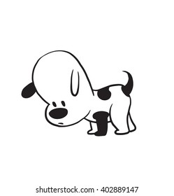 Vector cartoon image of a funny little dog black-white colors looking for something on a white background. Made in monochrome style. Positive character. Vector illustration.