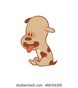 Vector cartoon image of a funny little dog light brown color sitting with his tongue out on a white background. Color image with a brown tracings. Puppy. Positive character. Vector illustration.