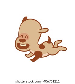 Vector cartoon image of a funny little dog light brown color running happily on a white background. Color image with a brown tracings. Puppy. Positive character. Vector illustration.