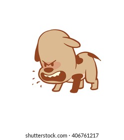 Vector cartoon image of a funny little angry dog light brown color barking on a white background. Color image with a brown tracings. Puppy. Positive character. Vector illustration.