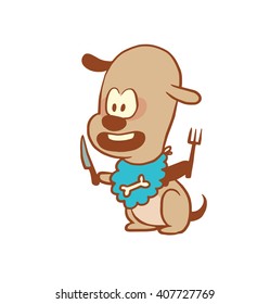 Vector cartoon image of a funny little dog light brown color with knife and fork in his paws on a white background. Color image with a brown tracings. Puppy. Positive character. Vector illustration.