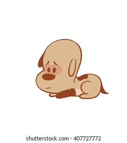 Vector cartoon image of a funny little dog light brown color laying sad on a white background. Color image with a brown tracings. Puppy. Positive character. Vector illustration.