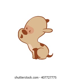 Vector cartoon image of a funny little dog light brown color sitting and howling on a white background. Color image with a brown tracings. Puppy. Positive character. Vector illustration.
