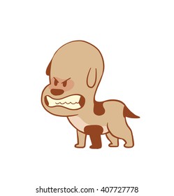Vector cartoon image of a funny little angry dog light brown color baring his fangs on a white background. Color image with a brown tracings. Puppy. Positive character. Vector illustration.