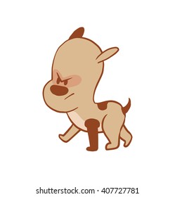 Vector cartoon image of a funny little angry dog light brown color walking somewhere on a white background. Color image with a brown tracings. Puppy. Positive character. Vector illustration.