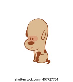 Vector cartoon image of a funny little dog light brown color sitting sadly on a white background. Color image with a brown tracings. Puppy. Positive character. Vector illustration.