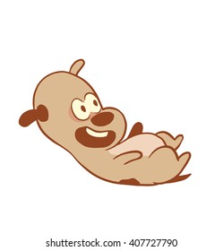 Vector cartoon image of a funny little dog light brown color lying on his back on a white background. Color image with a brown tracings. Puppy. Positive character. Vector illustration.