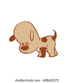 Vector cartoon image of a funny little dog light brown color looking for something on a white background. Color image with a brown tracings. Puppy. Positive character. Vector illustration.