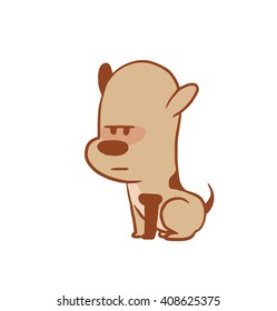 Vector cartoon image of a funny little dog light brown color sitting serious on a white background. Color image with a brown tracings. Puppy. Positive character. Vector illustration.