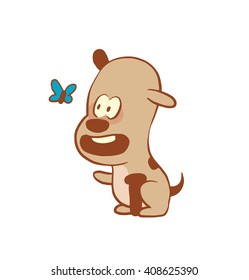Vector cartoon image of a funny little dog light brown color looking at the butterfly on a white background. Color image with a brown tracings. Puppy. Positive character. Vector illustration.