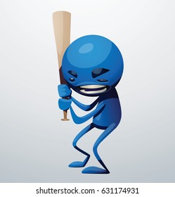 Vector cartoon image of a funny little angry blue man standing with a baseball bat in his hands on a white background. Positive character, creature. Vector illustration.