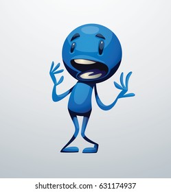 Vector cartoon image of a funny little blue man standing frightened on a white background. Positive character, creature. Vector illustration.