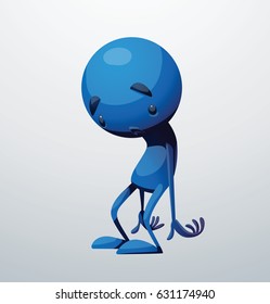Vector cartoon image of a funny little blue man standing very sad on a white background. Positive character, creature. Vector illustration.