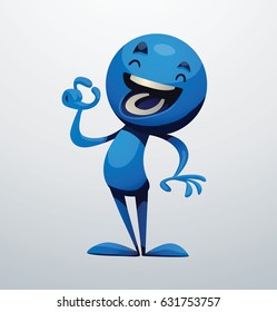 Vector cartoon image of a funny little blue man standing and laughing on a white background. Positive character, creature. Vector illustration.