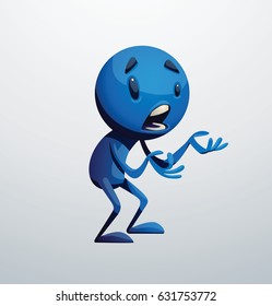 Vector cartoon image of a funny little blue man standing and asking something on a white background. Positive character, creature. Vector illustration.