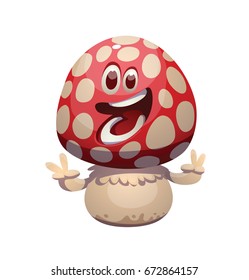 Vector cartoon image of a funny little happy amanita-mushroom with a red-white hat and white stipe, standing and smiling on a white background. Forest, poisonous mushroom, nature. Vector illustration.