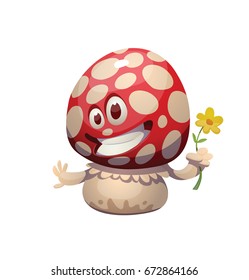 Vector cartoon image of a funny little happy amanita-mushroom with a red-white hat and white stipe, smiling with a yellow flower in hand on a white background. Forest, poisonous mushroom, nature.