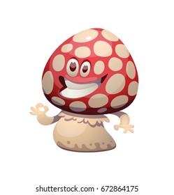 Vector cartoon image of a funny little happy amanita-mushroom with a red-white hat and white stipe, standing, showing an OK sign and smiling on a white background. Forest, poisonous mushroom, nature.