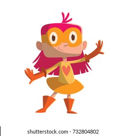 Vector cartoon image of a funny little girl with pink hair in an orange superhero costume standing and smiling on a white background. Positive character, children, halloween, holiday. 