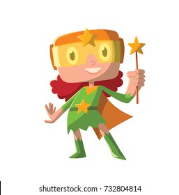 Vector cartoon image of a funny little girl in a green superhero costume with orange cloak standing with magic wand and smiling on a white background. Positive character, children, halloween, holiday.