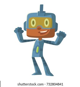 Vector cartoon image of a funny little boy in a blue robot superhero costume standing and smiling on a white background. Positive character, children, halloween, holiday. Vector illustration.