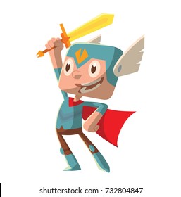 Vector cartoon image of a funny little boy in a blue superhero costume with red cloak standing with a sword in hand and smiling on a white background. Positive character, children, halloween, holiday.