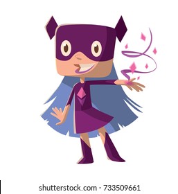 Vector cartoon image of a funny little girl with blue hair in a purple superhero costume standing and smiling on a white background. Positive character, children, halloween, holiday.