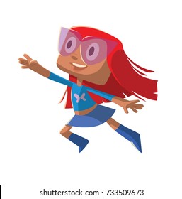 Vector cartoon image of a funny little girl with red hair in a blue superhero costume flying and smiling on a white background. Positive character, children, halloween, holiday. Vector illustration.