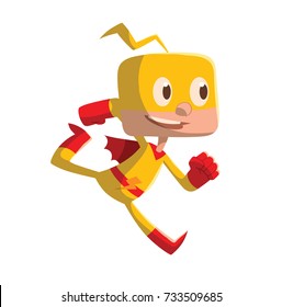Vector cartoon image of a funny little boy in a yellow superhero costume with a red cloak running and smiling on a white background. Positive character, children, halloween, holiday. 