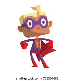 Vector cartoon image of a funny little boy in a purple superhero costume with a red cloak standing and smiling on a white background. Positive character, children, halloween, holiday. 