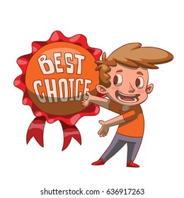 Vector cartoon image of a funny man with curly brown hair in gray pants and an orange t-shirt presenting round orange-red label "Best choice" on a white background. Business, businessman, sale, shop.