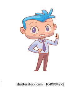 Vector cartoon image of a funny man-office worker with blue hair in black trousers and a white shirt standing, waving his hand and smiling on a white background. Business, businessman, finance.